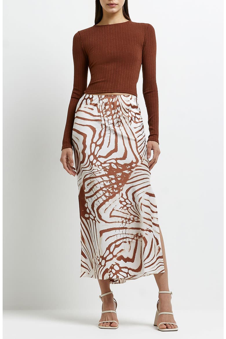 Abstract Print Bias Cut Midi Skirt, Alternate, color, WHITE/ BROWN