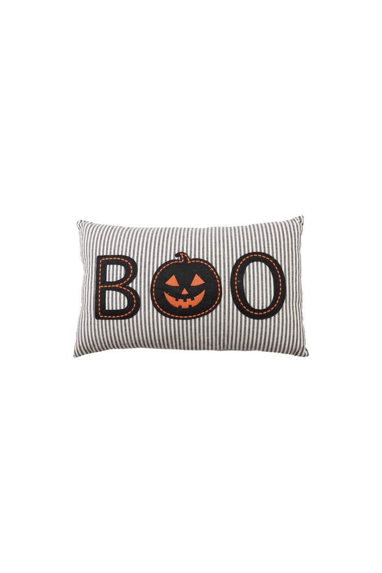 Artisan Cotton Striped Lumbar Pillow with Pumpkin Applique, Main, color, Multicolor