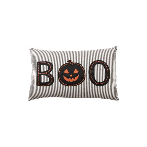 Artisan Cotton Striped Lumbar Pillow with Pumpkin Applique