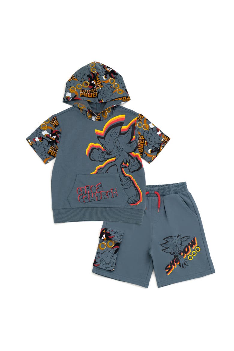 Sonic the Hedgehog Short Sleeve Hoodie & Shorts Set, Main, color, Gray Shadow Chaos Control
