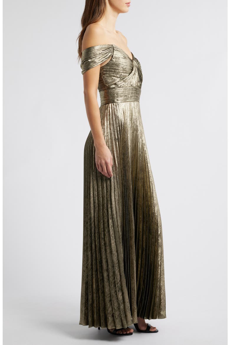 Metallic Off the Shoulder Pleated Gown, Alternate, color, GOLD