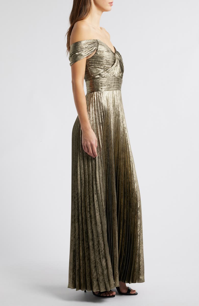 Tahari ASL Metallic Off the Shoulder Pleated Gown, Alternate, color, Gold