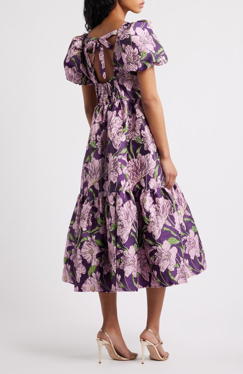 Sister Jane Floraison Floral Jacquard Puff Sleeve Dress, Alternate, color, Purple