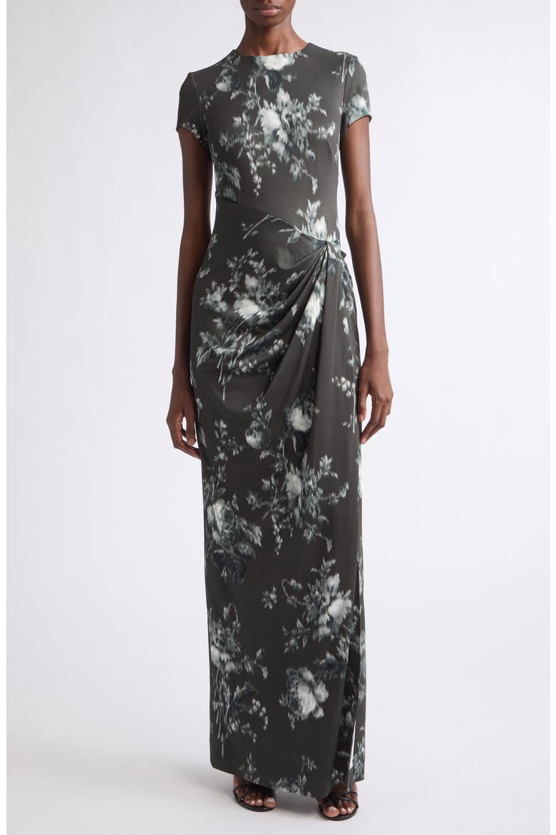 Peony Print Draped Jersey Dress, Main, color, WHITE/ CARBON