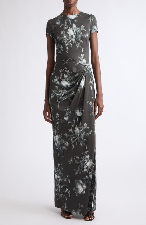 Peony Print Draped Jersey Dress