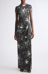 Oscar de la Renta Peony Print Draped Jersey Dress