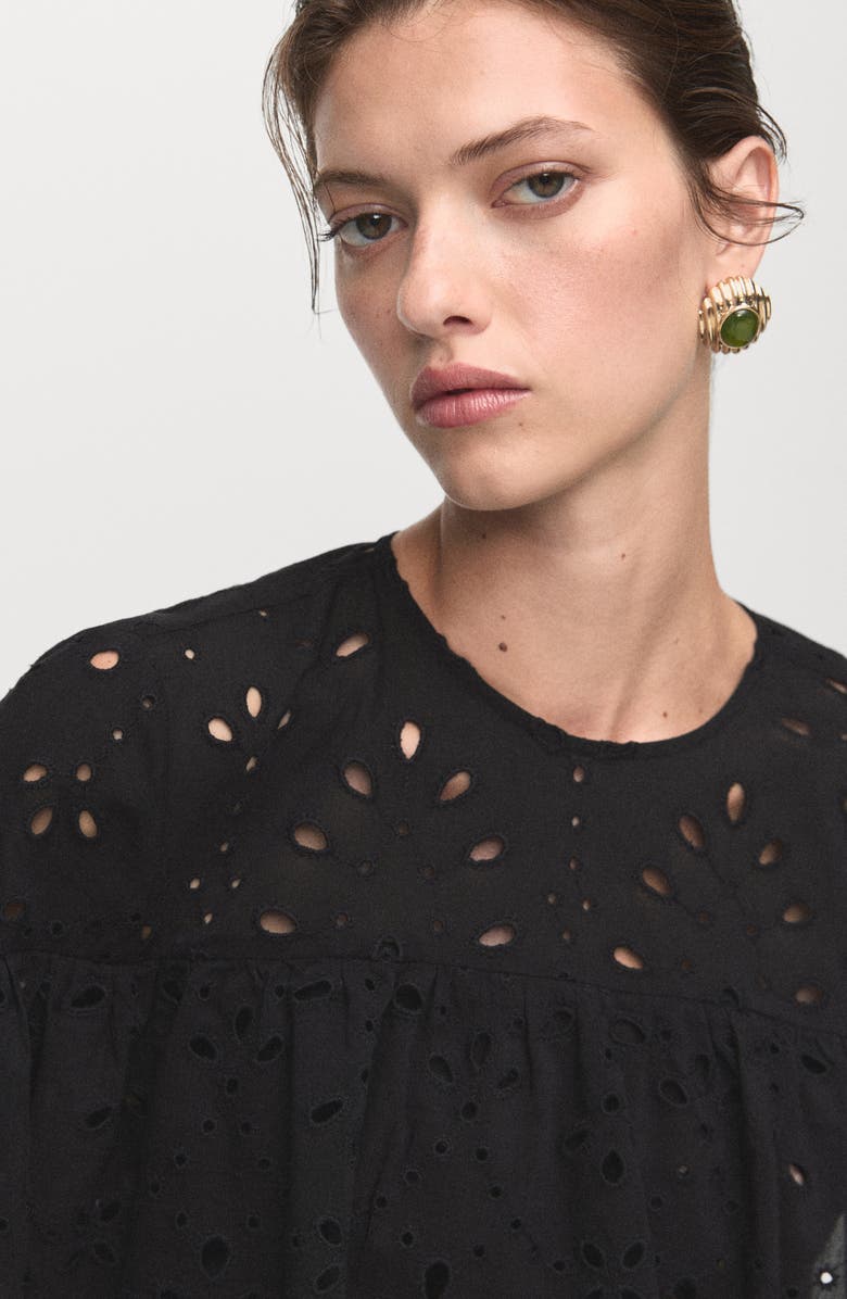 MANGO Molly Embroidered Eyelet Flutter Sleeve Top, Alternate, color, Black