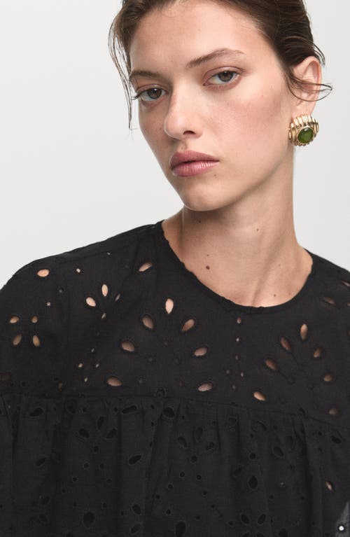 Mango Molly Embroidered Eyelet Flutter Sleeve Top In Black