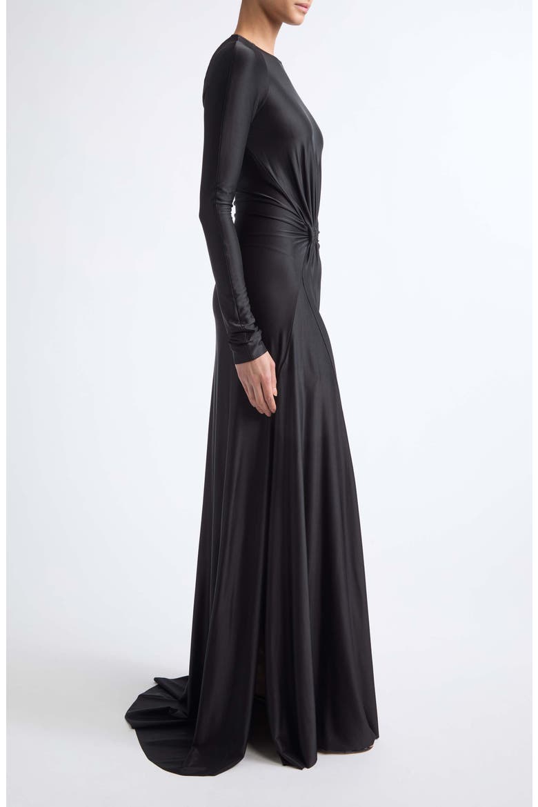 Twist Waist Long Sleeve Jersey Gown, Alternate, color, BLACK