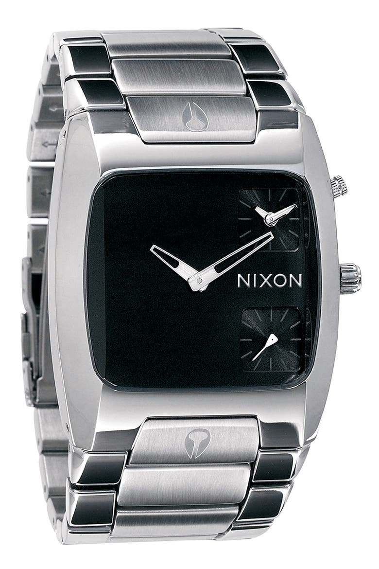 'The Banks' Men's Dual Time Watch, Main, color, BLACK / SILVER