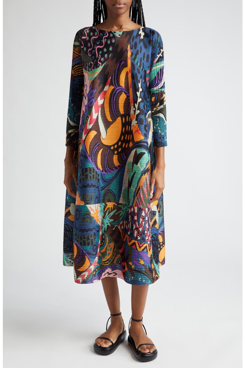 Snowrunner Print Pleated Long Sleeve Shift Dress, Alternate, color, DARK BLUE