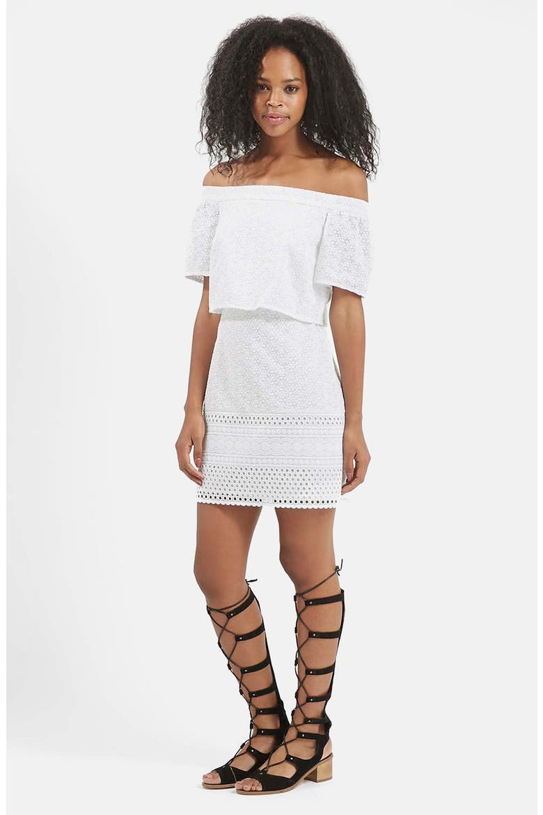 Embroidered Off the Shoulder Dress, Alternate, color, WHITE