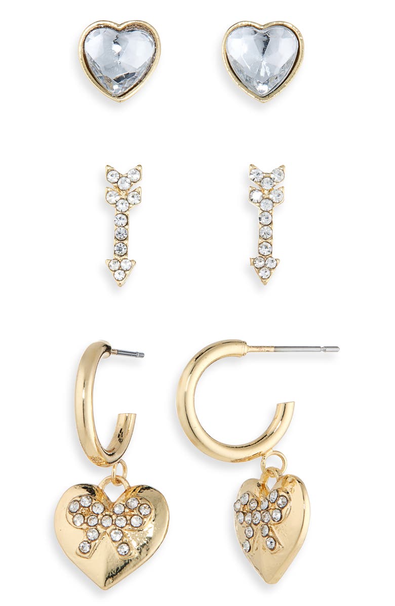 BaubleBar Set of 3 Heart & Arrow Stud Hoop Earrings, Alternate, color, Clear