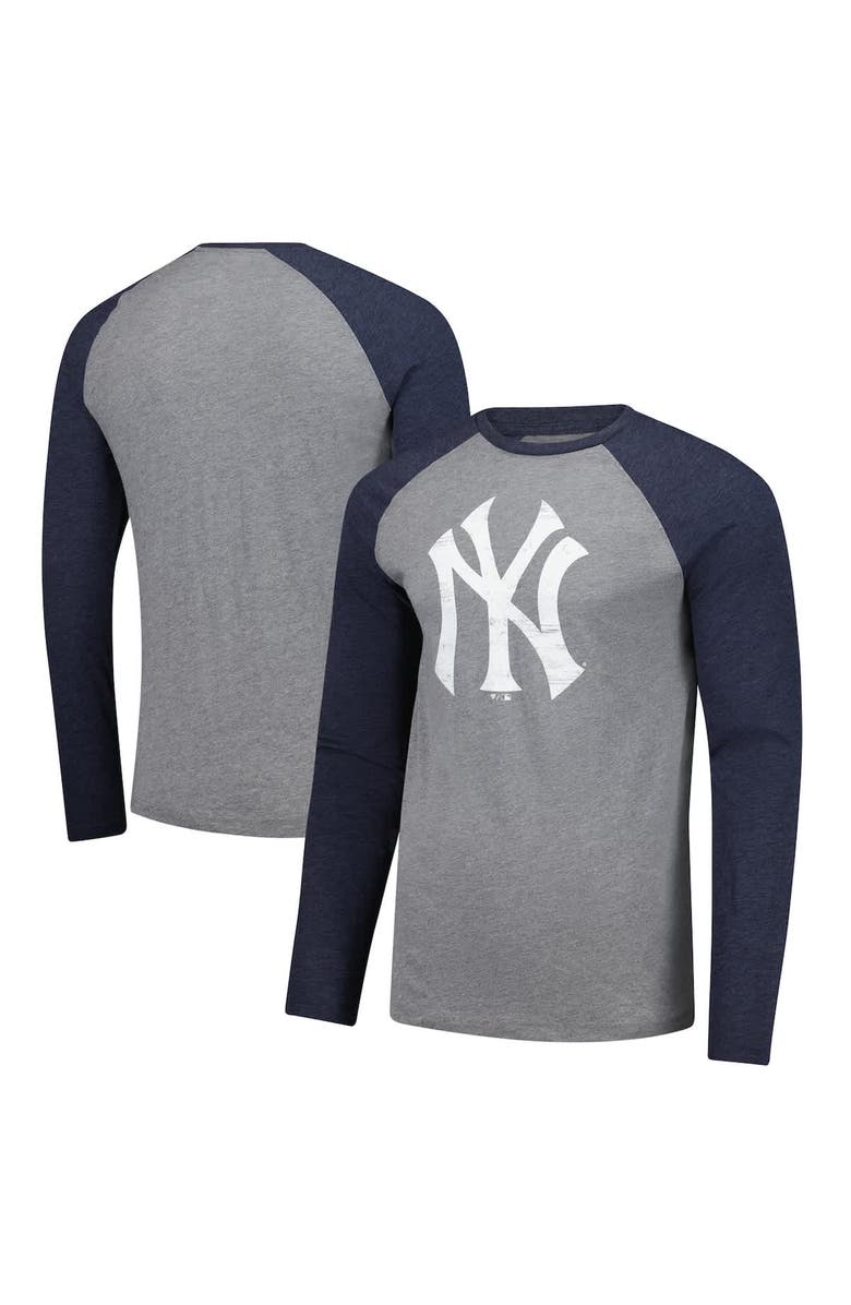 FANATICS Men's Fanatics Heather Gray/Heather Navy New York Yankees Weathered Logo Tri-Blend Raglan Long Sleeve T-Shirt, Alternate, color, Heather Gray