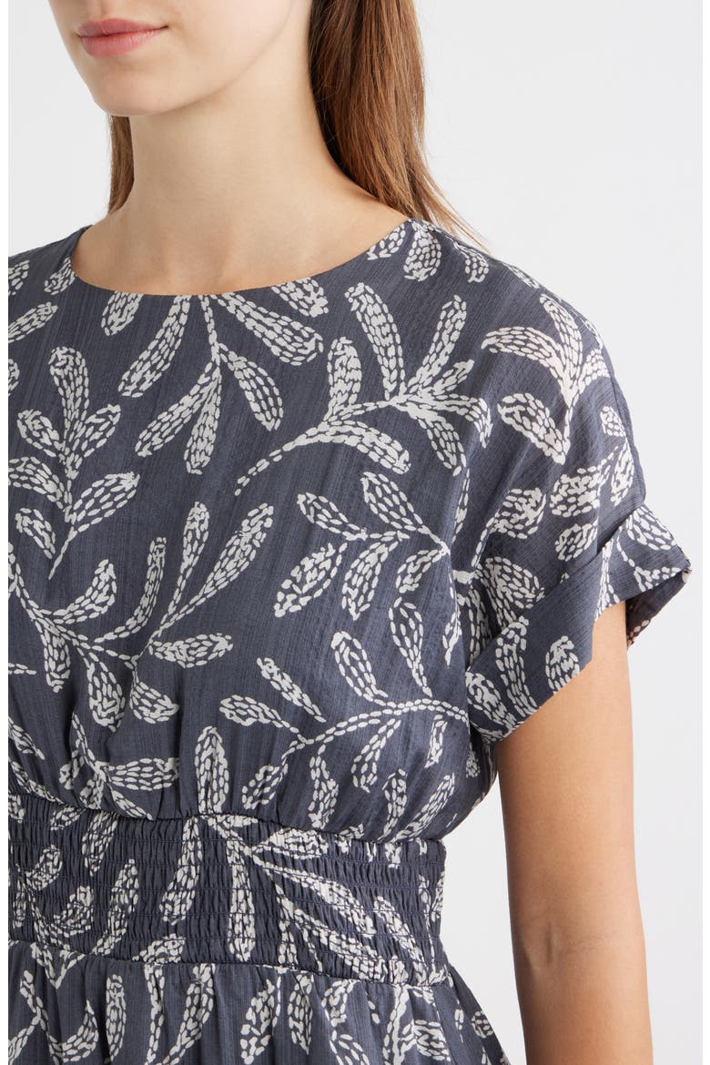 Leaf Print Smock Waist Midi Dress, Alternate, color, GREY/ IVORY