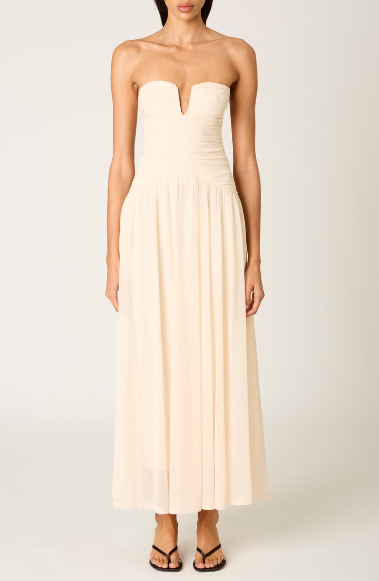 Nia Beverly Ruched Strapless Chiffon Maxi Dress, Main, color, Ivory