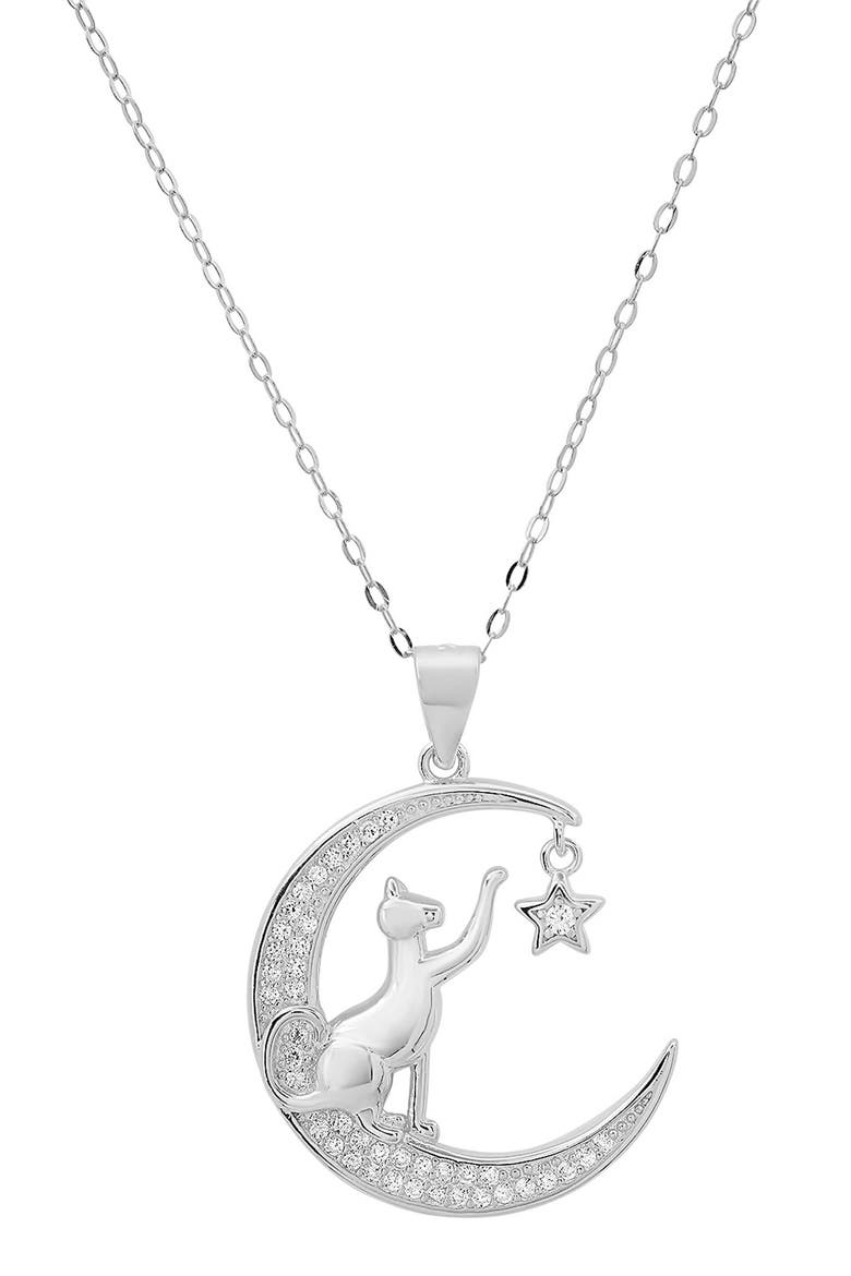 Cubic Zirconia Cat, Moon & Star Pendant Necklace, Main, color, SILVER
