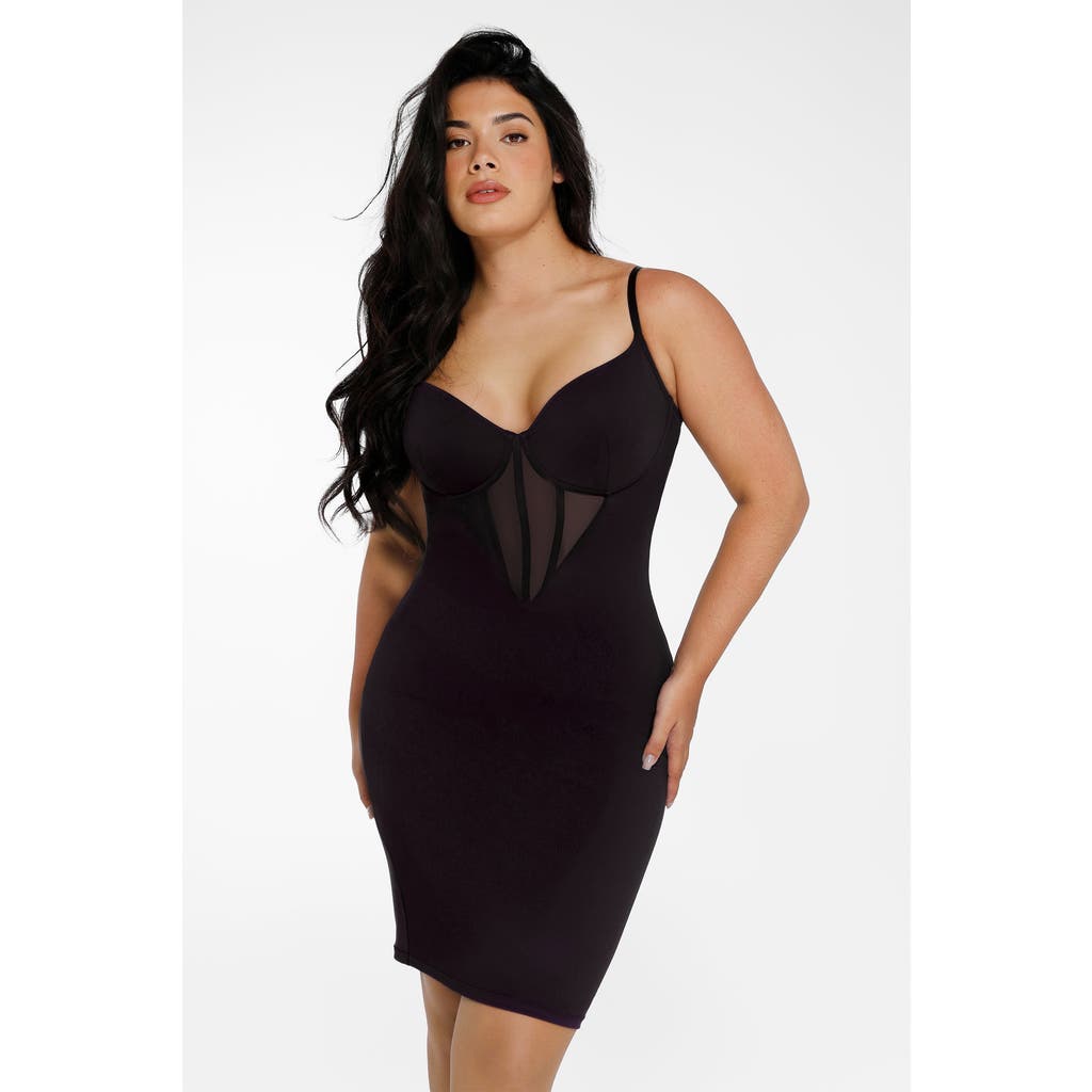 Popilush Shapewear Mesh Corset Panel Built-in Sculpting Midi Dress In Black