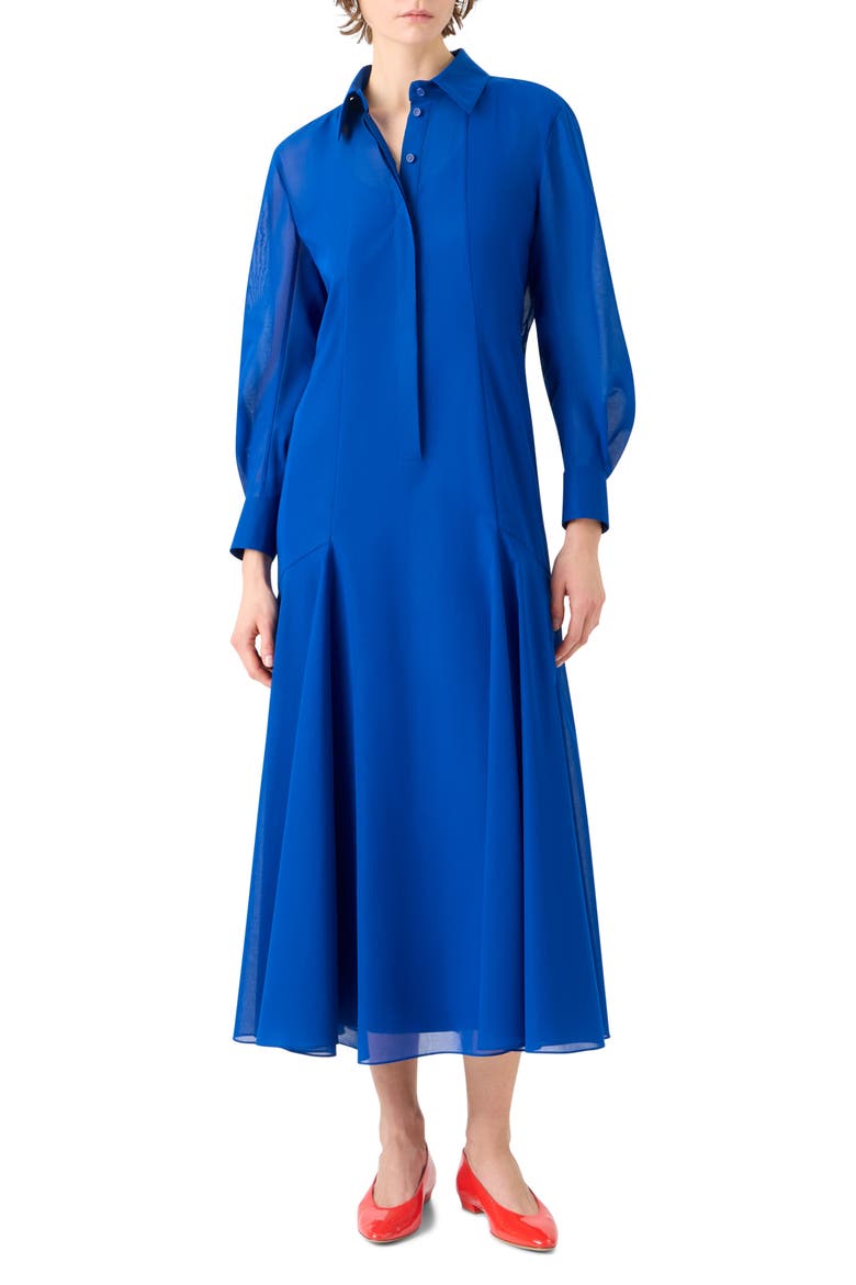 Godet Flared Long Sleeve Cotton Voile Shirtdress, Main, color, LAPIS BLUE