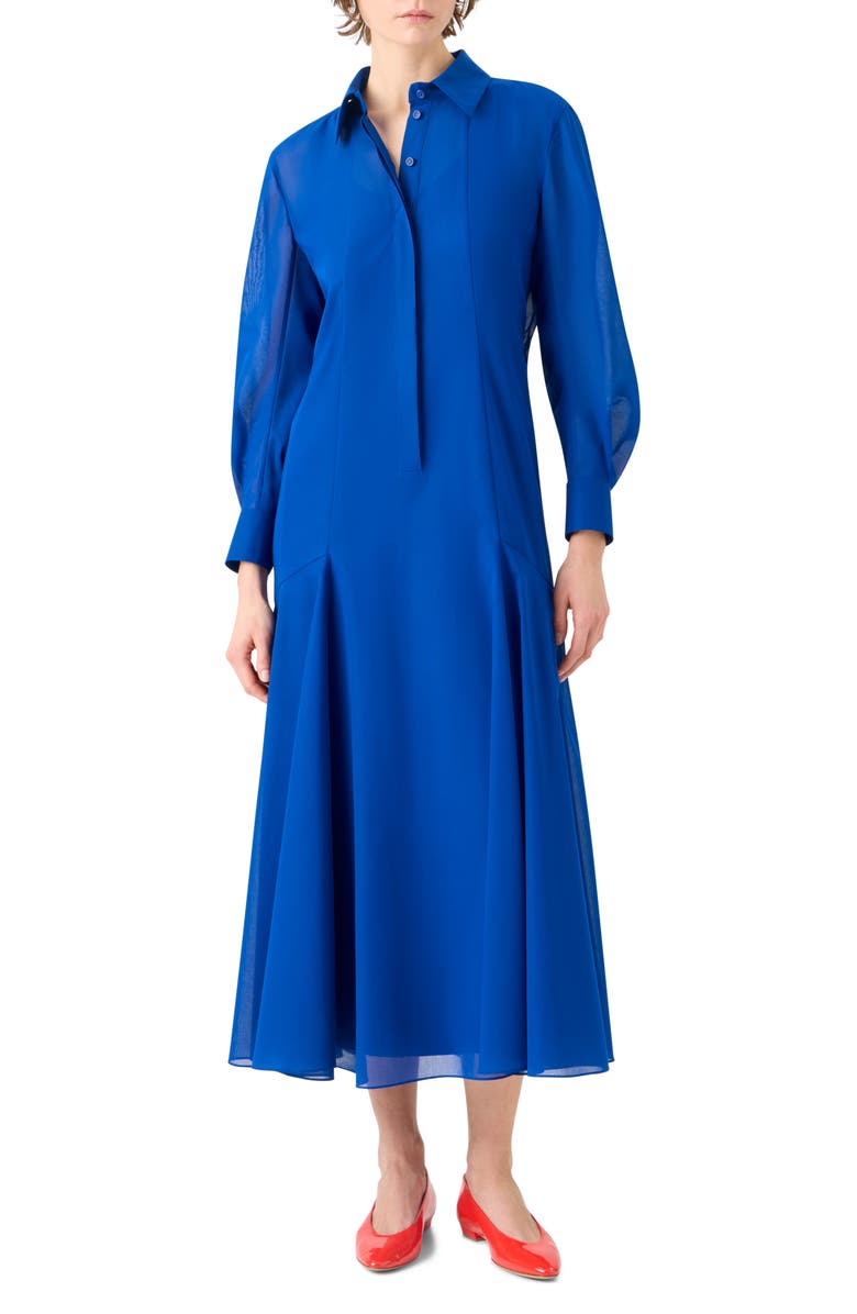 Akris Godet Flared Long Sleeve Cotton Voile Shirtdress, Main, color, Lapis Blue