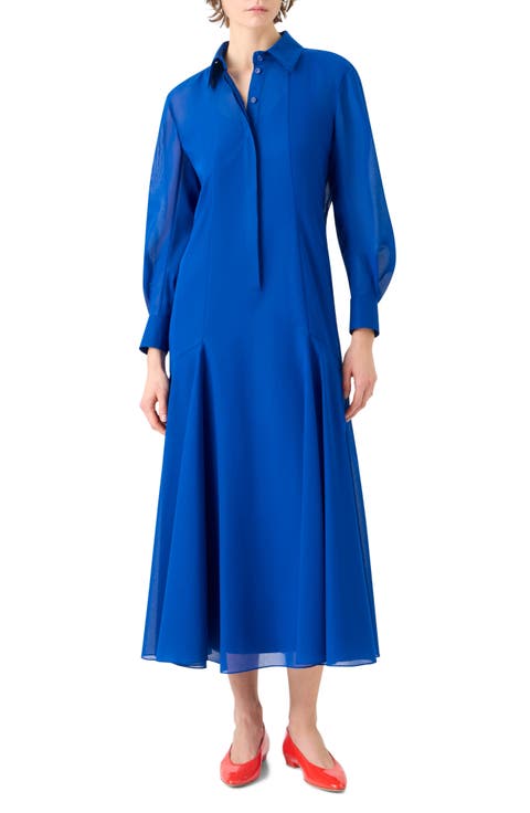 Godet Flared Long Sleeve Cotton Voile Shirtdress