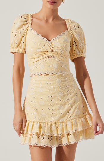 Astr The Label Evelin Embroidered Eyelet Cotton Twist Front Top In Yellow