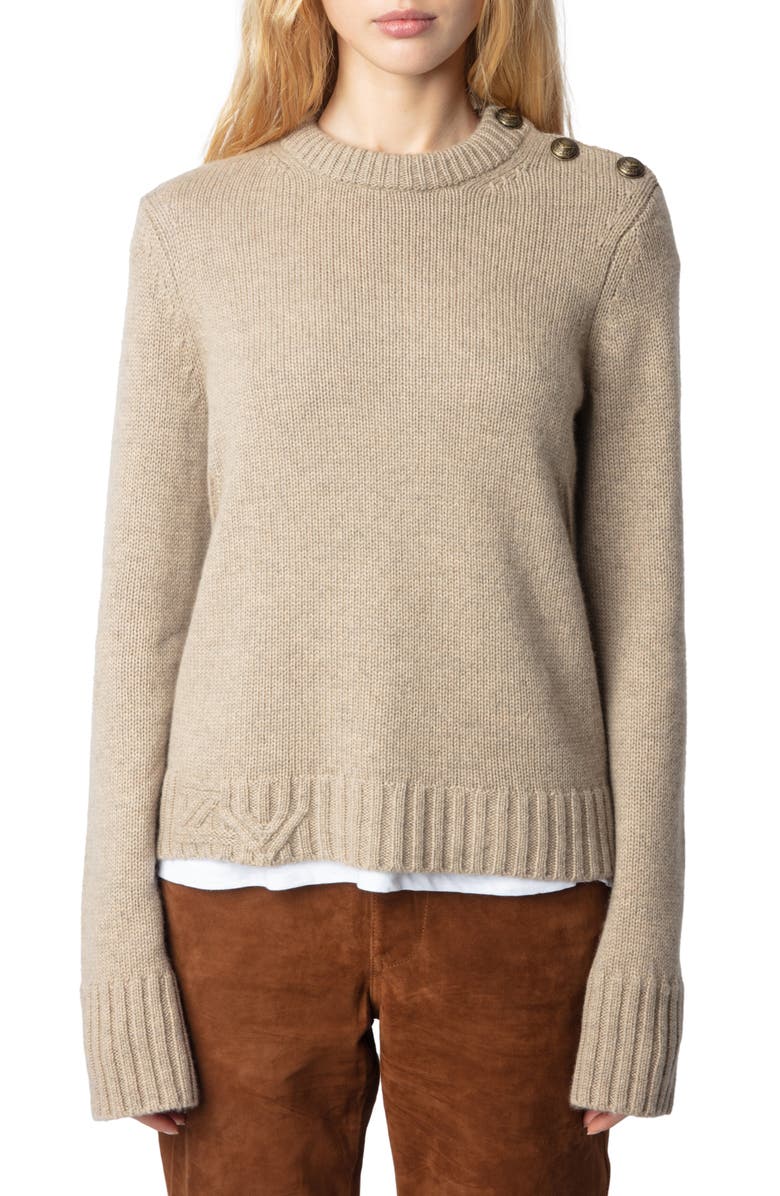 Zadig & Voltaire Malty Shoulder Button Cashmere Sweater, Main, color, 