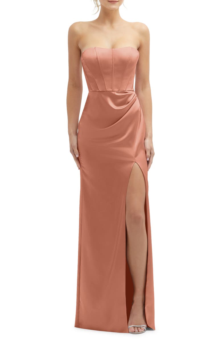 After Six Corset Strapless Charmeuse Gown, Main, color, Copper Penny