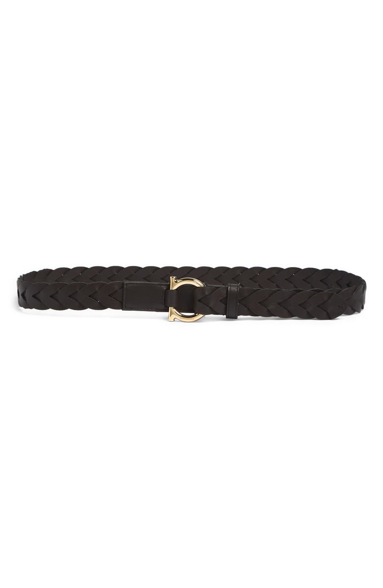 FERRAGAMO Donna Gancio Woven Leather Belt, Main, color, Testa Di Moro