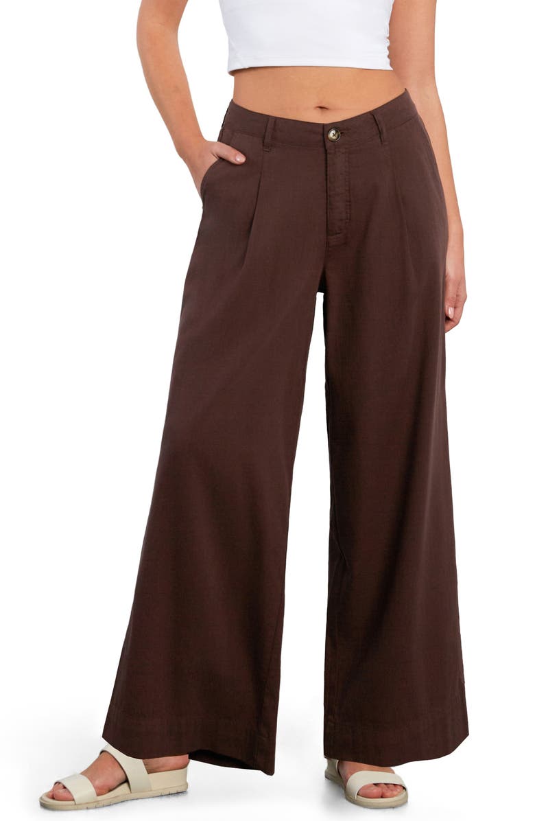 HINT OF BLU Chill Pleated Mid Rise Wide Leg Jeans, Main, color, Dark Chocolate