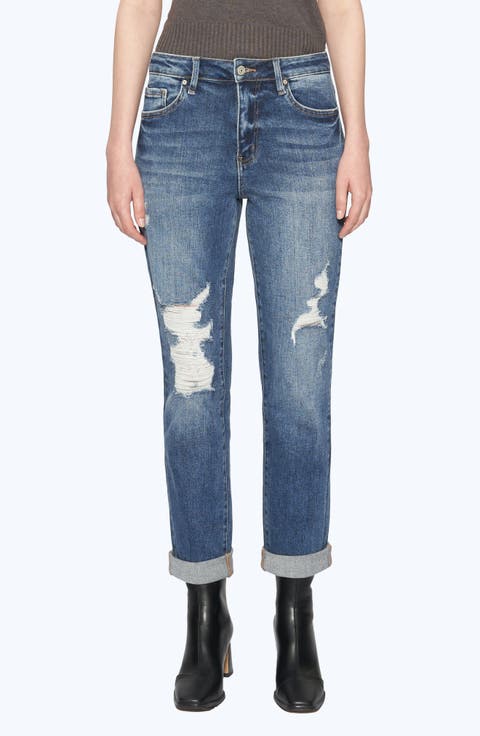 High Waist Rolled Cuff Straight Leg Jeans