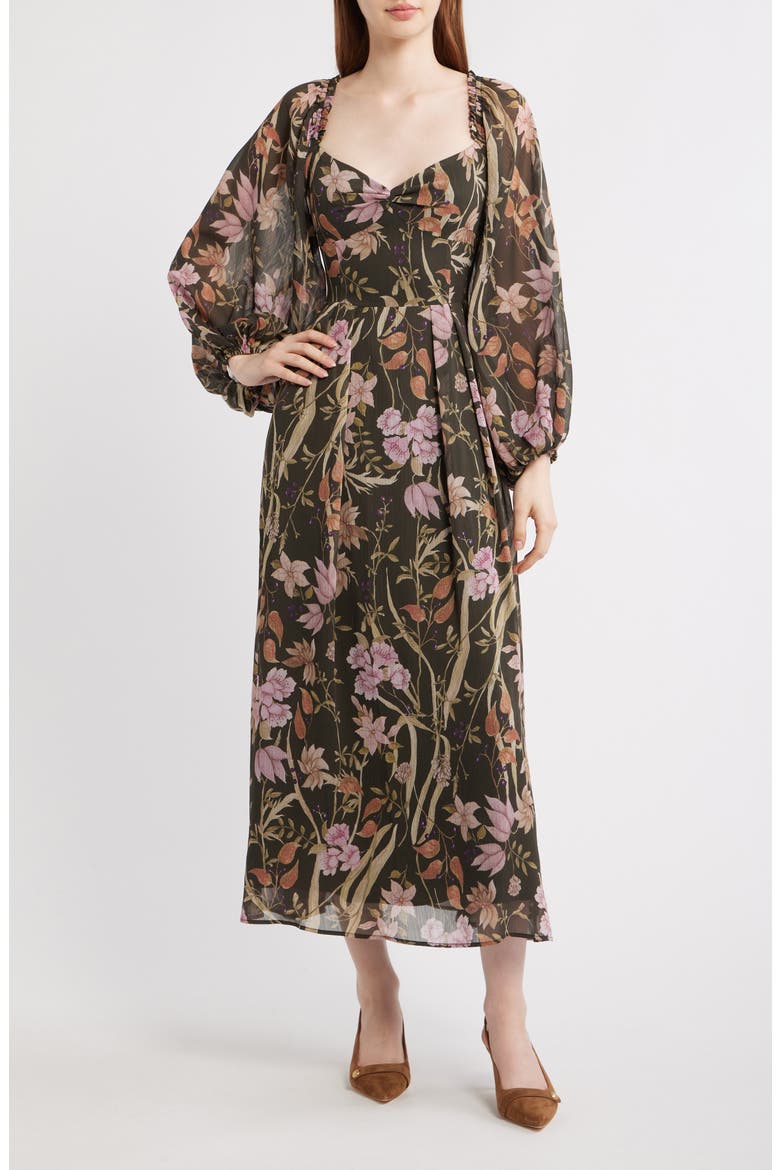Floral Long Sleeve Chiffon Dress, Main, color, BLACK LILAC OLIVE