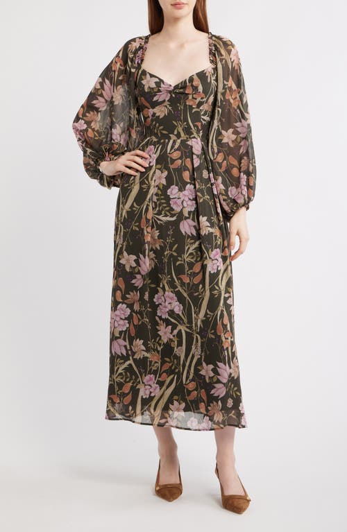 En Saison Floral Long Sleeve Chiffon Dress in Black Lilac Olive at Nordstrom, Size Medium