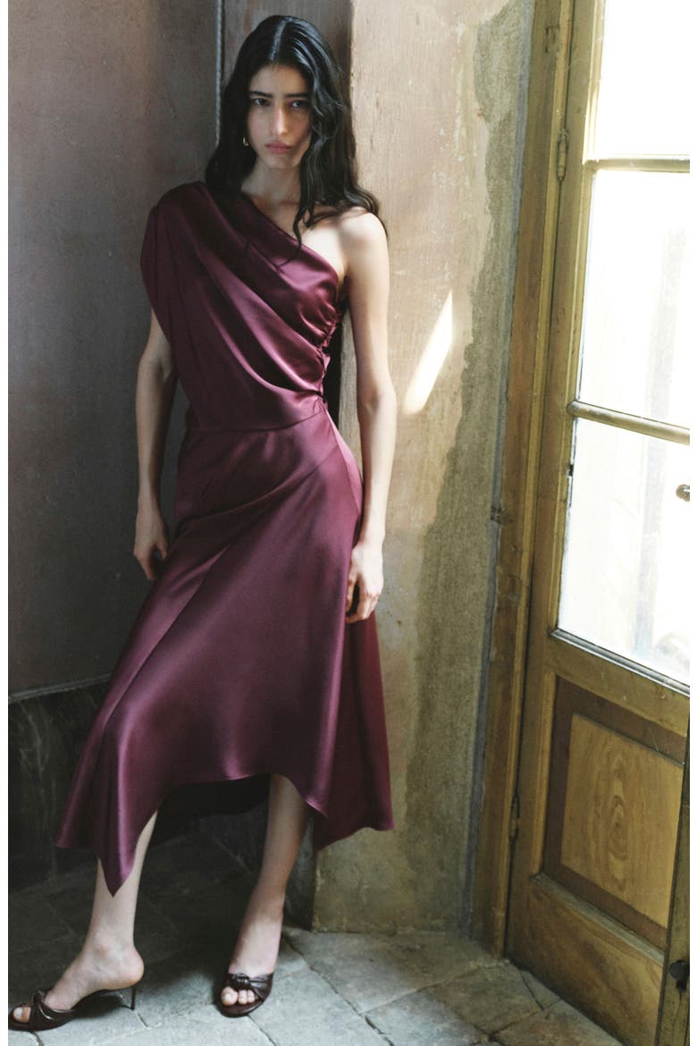 Asymmetrical Satin Dress, Alternate, color, WINE