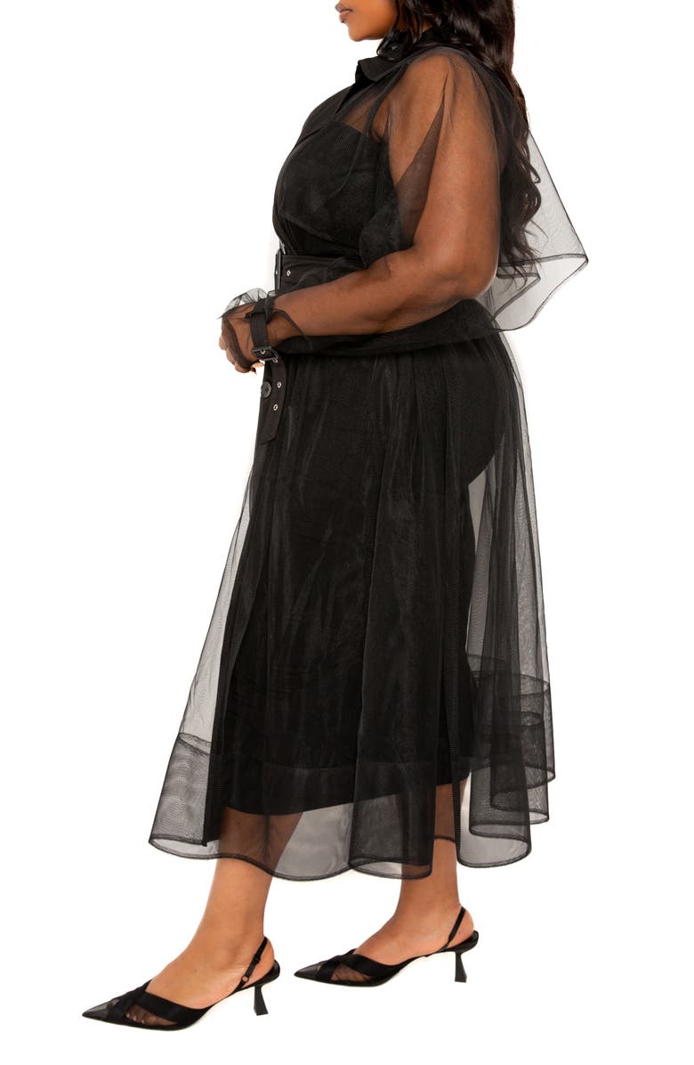 BUXOM COUTURE Belted Sheer Tulle Trench Coat, Alternate, color, Black