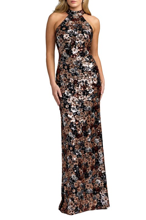 Floral Sequin Halter Gown