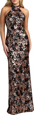 Mac Duggal Floral Sequin Halter Gown