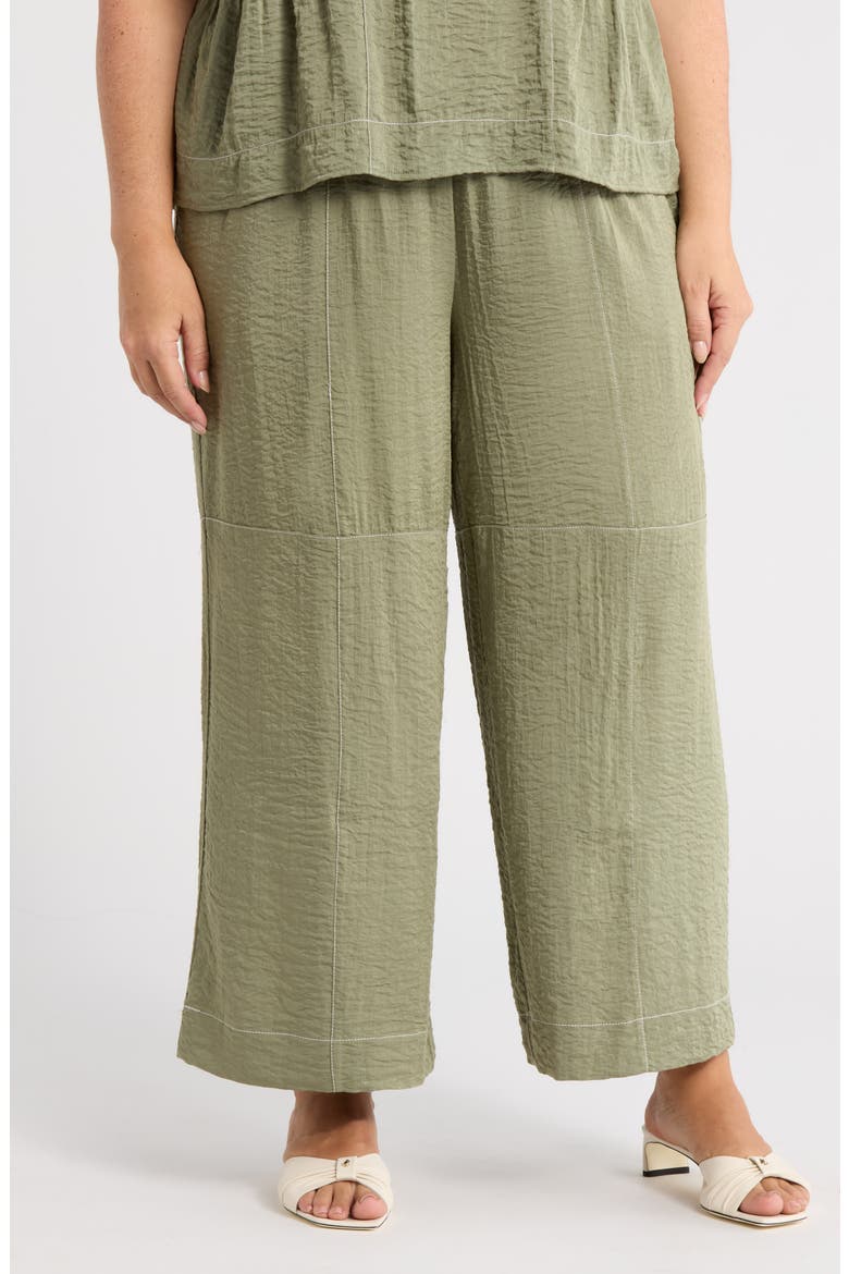 Crinkled Topstitched Pants, Main, color, OIL GREEN/ IVORY