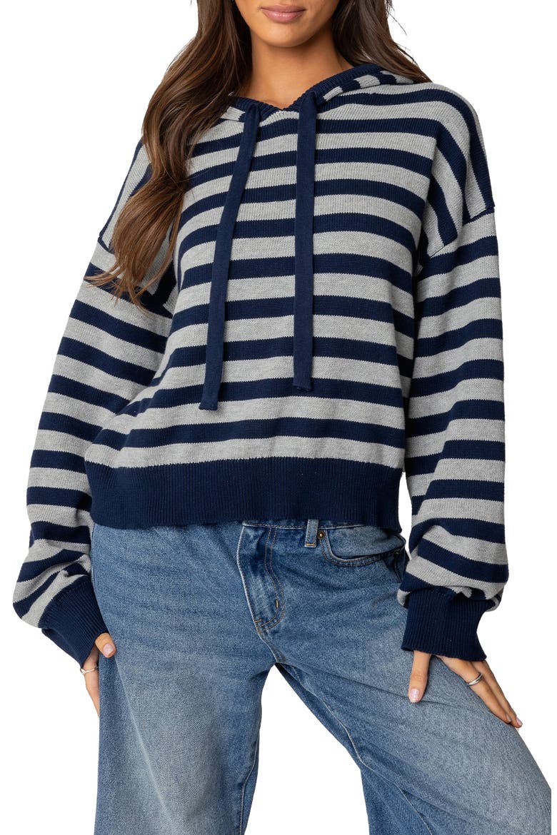 Stripe Hooded Cotton Sweater, Main, color, NAVY