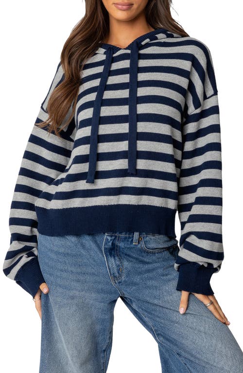 Shop Edikted Stripe Hooded Cotton Sweater In Navy