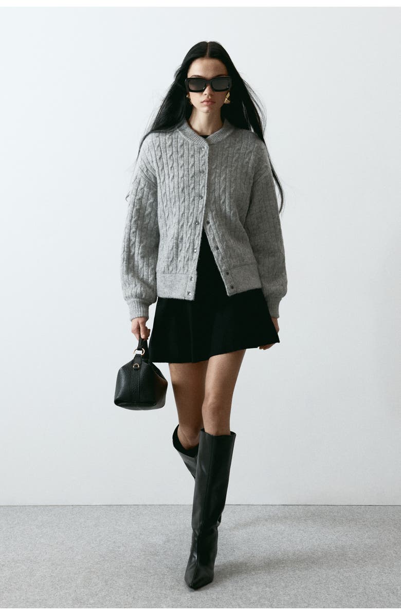 H&M Cable-knit Bomber Jacket, Alternate, color, Light Gray Melange