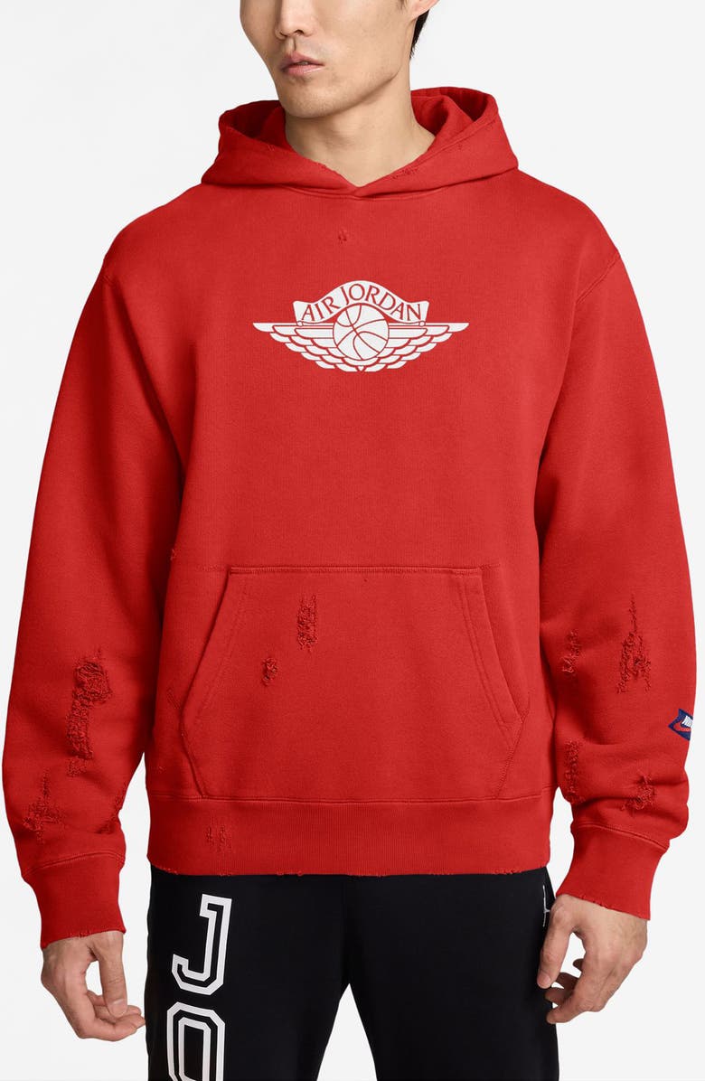 Jordan Rare Air Oversize Distressed Pullover Hoodie, Main, color, Chile Red