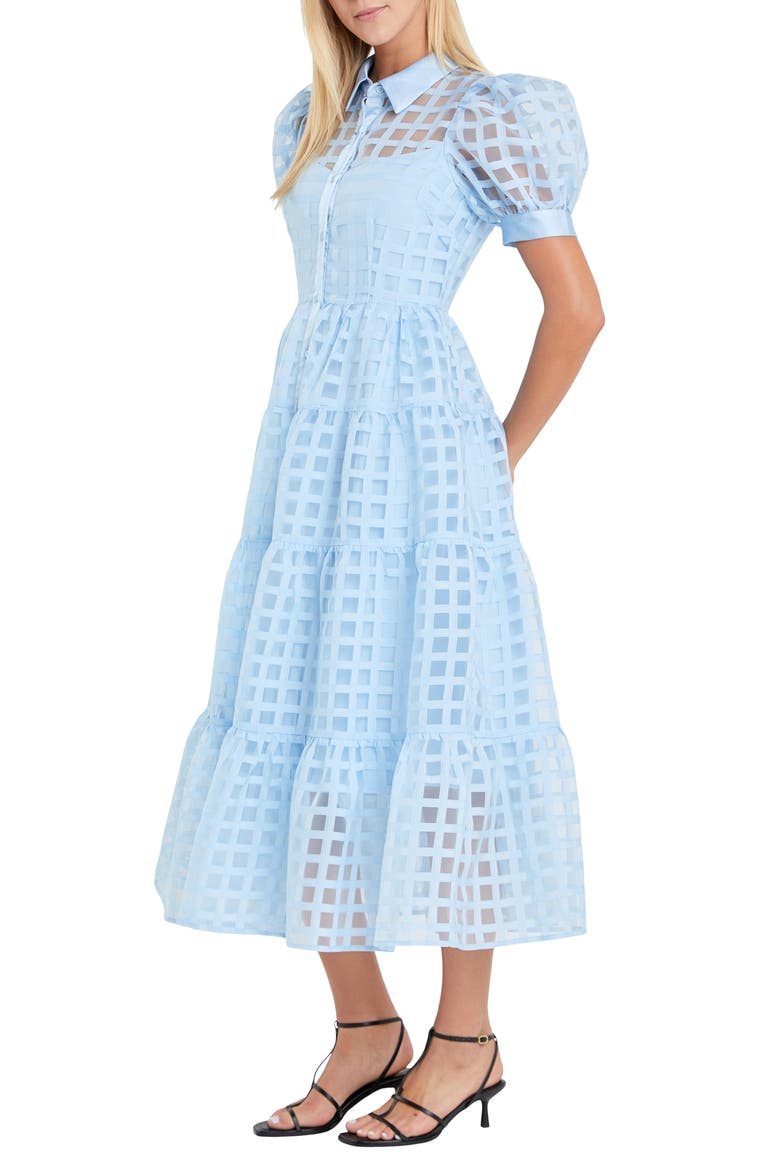 Grid Pattern Tiered Midi Shirtdress, Alternate, color, POWDER BLUE