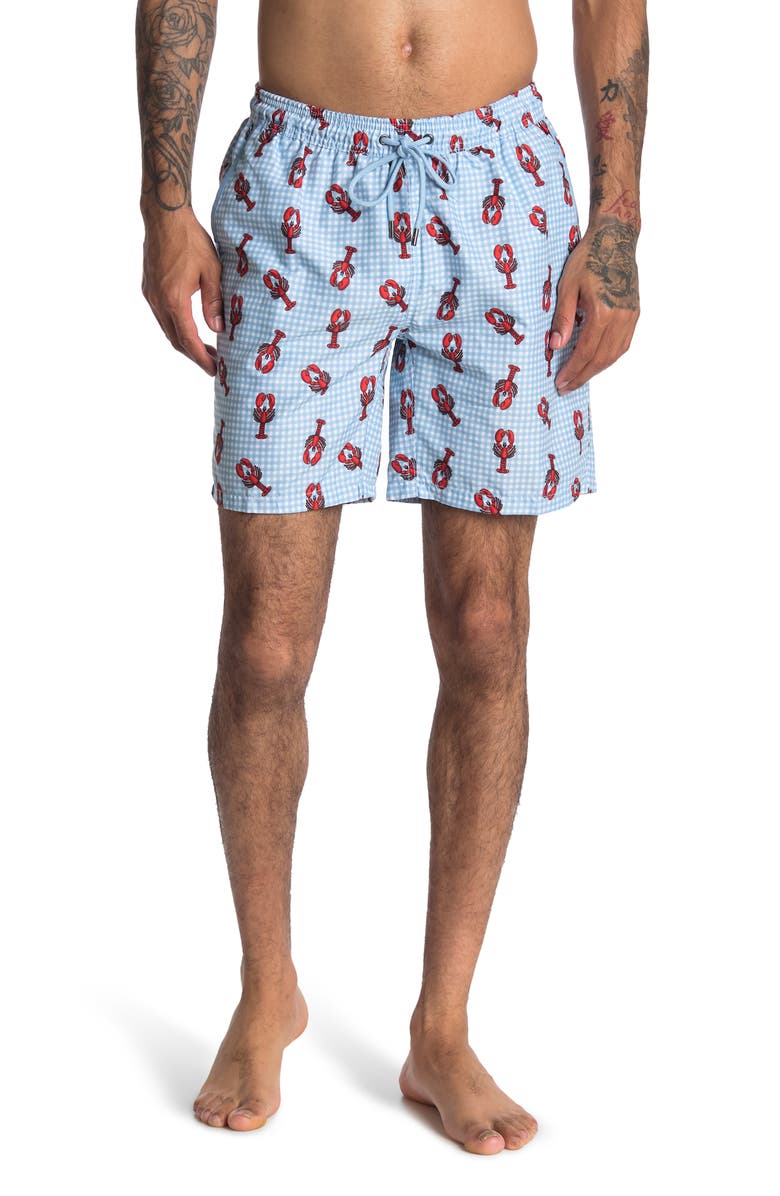 Mr.Swim Gingham Lobster Drawstring Swim Trunks, Main, color, 