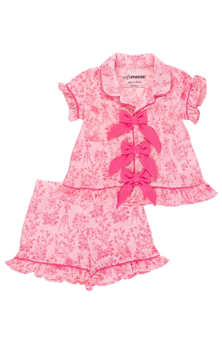 Softsnooze Short Sleeve Bow Ruffle Pajama Set, Main, color, Pink Cottontail Toile