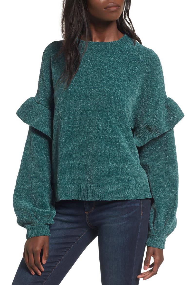 Ruffle Chenille Sweater, Main, color, GREEN JASPER