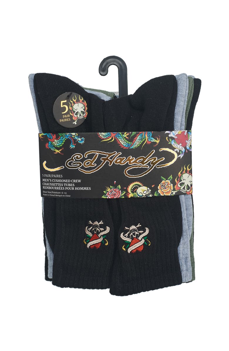 Ed Hardy Embroidery Half Cushion Crew Sock 5-Pack, Alternate, color, Black Multi