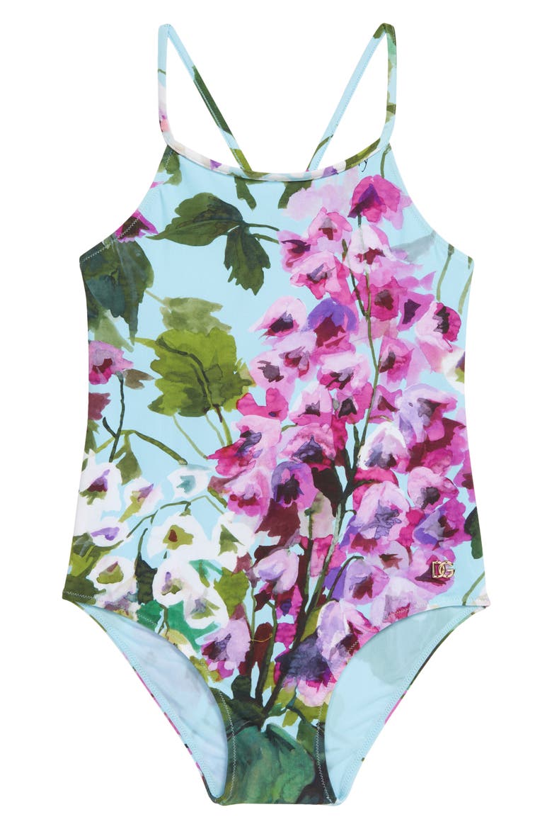 Kids' Floral Print One-Piece Swimsuit, Main, color, HC3JD GIARD.PITT.FDO.AZZUR