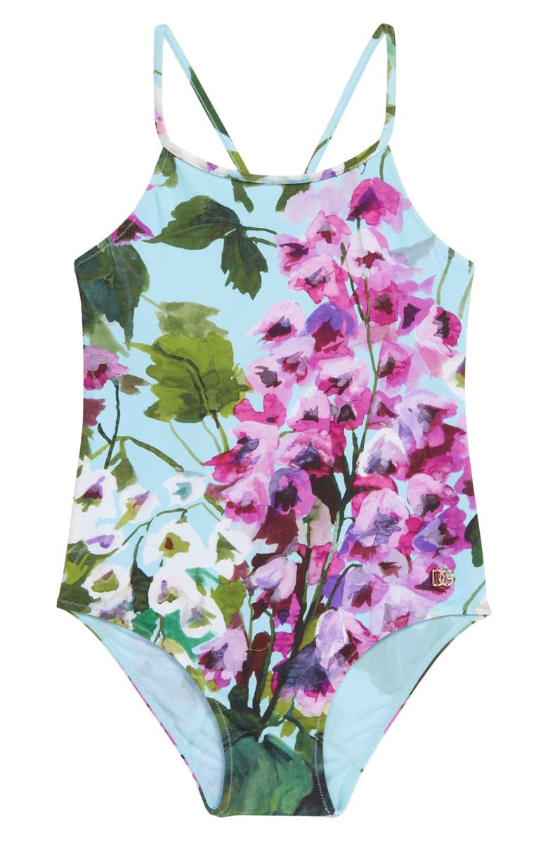 Dolce&Gabbana Kids' Floral Print One-Piece Swimsuit, Main, color, Hc3jd Giard.pitt.fdo.azzur