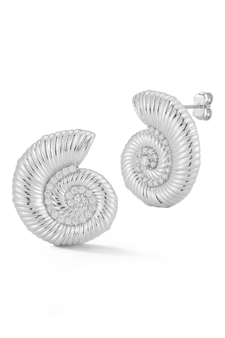 Cubic Zirconia Shell Stud Earrings, Main, color, SILVER